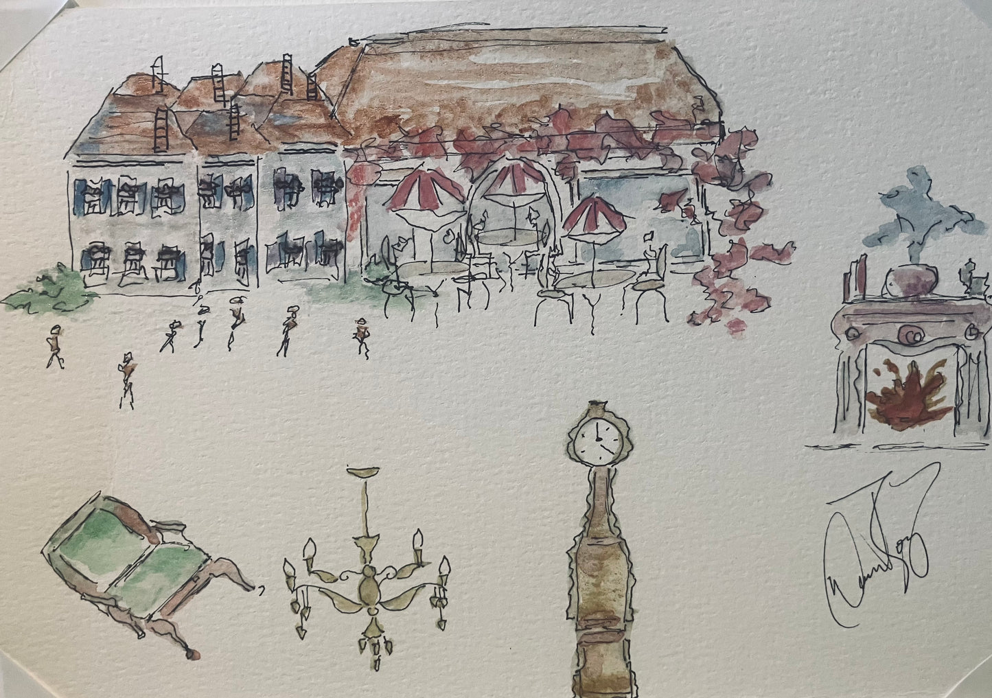 Metallic Watercolor & Pen Original “At the Cafe “ 9 x 6 inches