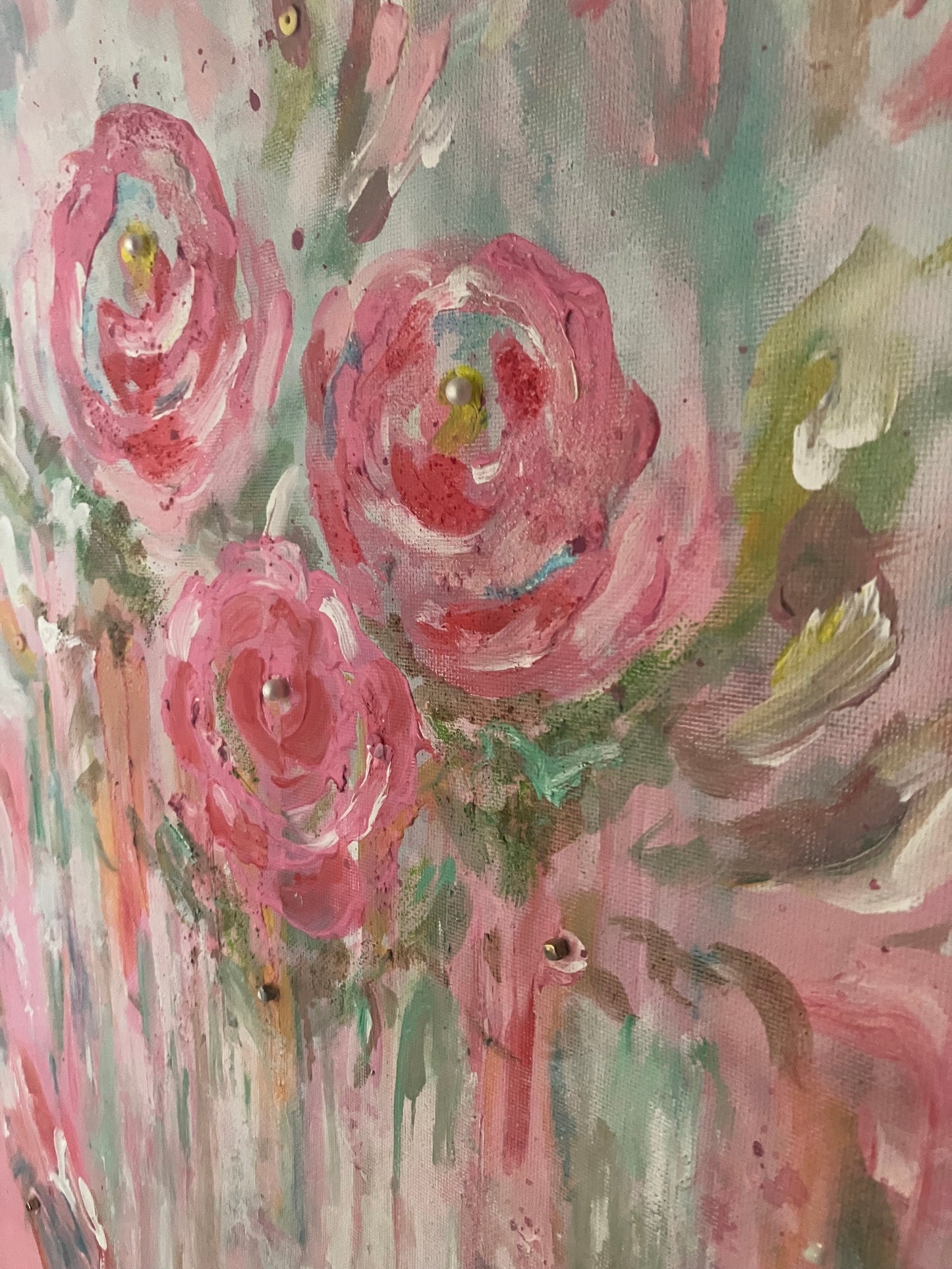 Medium Original Embellished Pink Rose Abstract