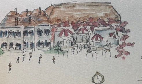 Metallic Watercolor & Pen Original “At the Cafe “ 9 x 6 inches