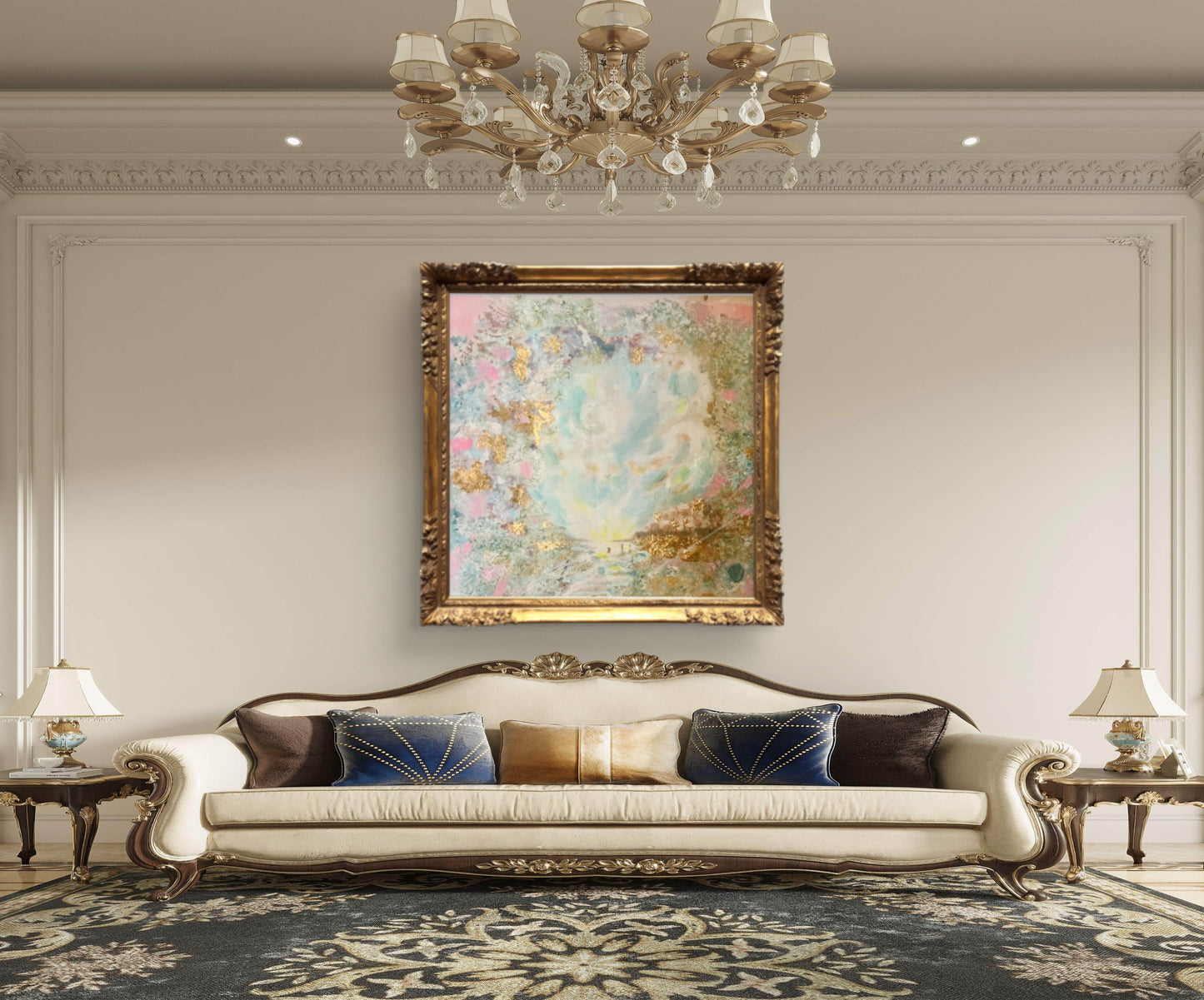 Large Original baroque painting 24 x 24  “On the edge of the golden lake”