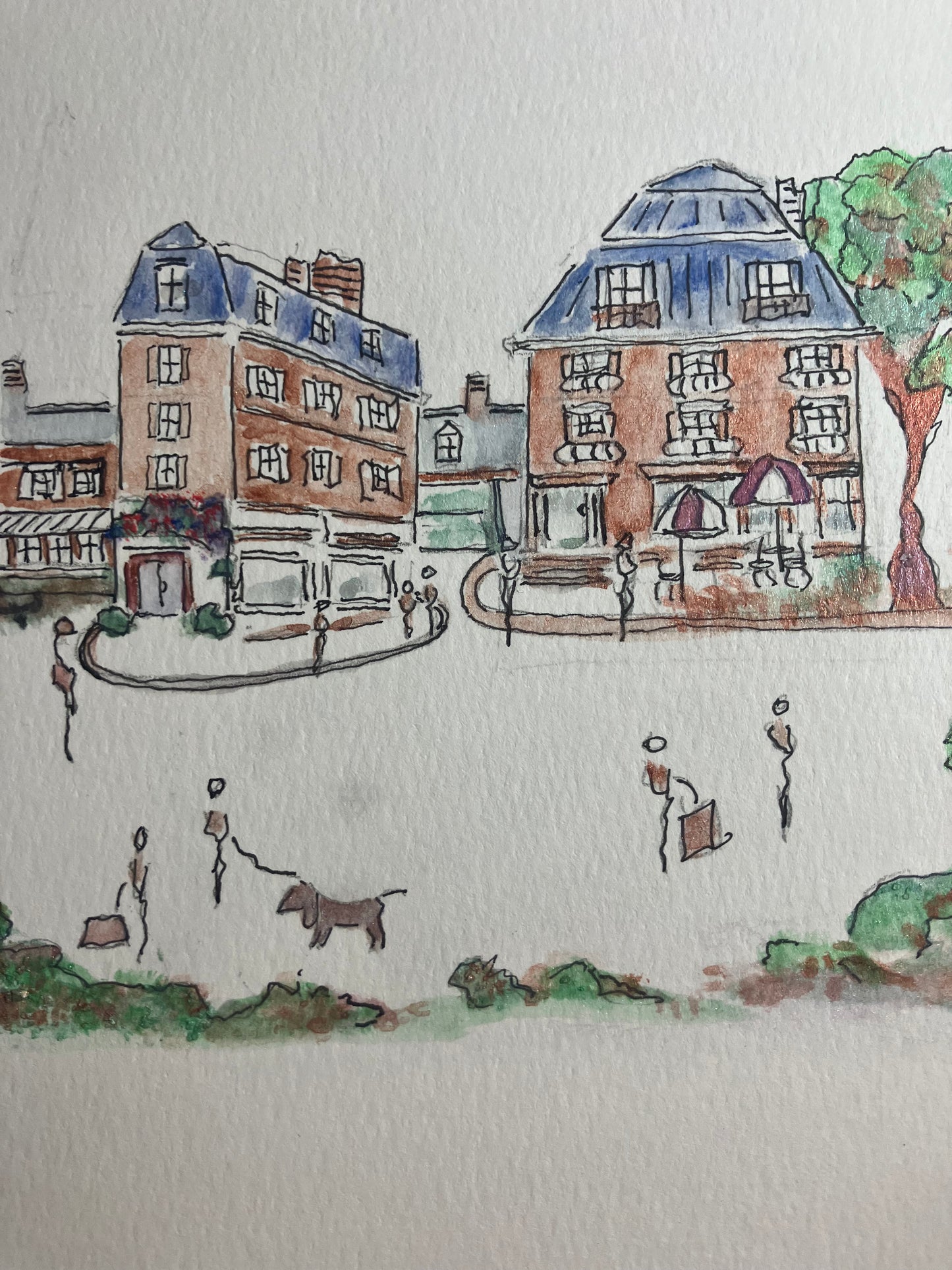 Metallic Watercolor & Pen Original “French afternoon” 8 .5 x 8 .5 inches