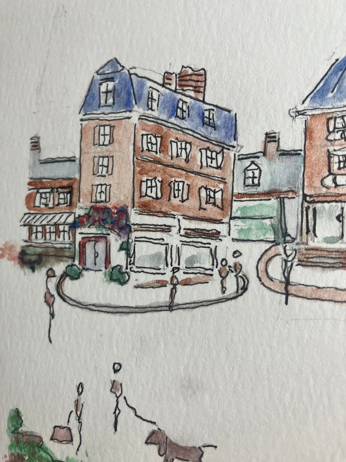 Metallic Watercolor & Pen Original “French afternoon” 8 .5 x 8 .5 inches