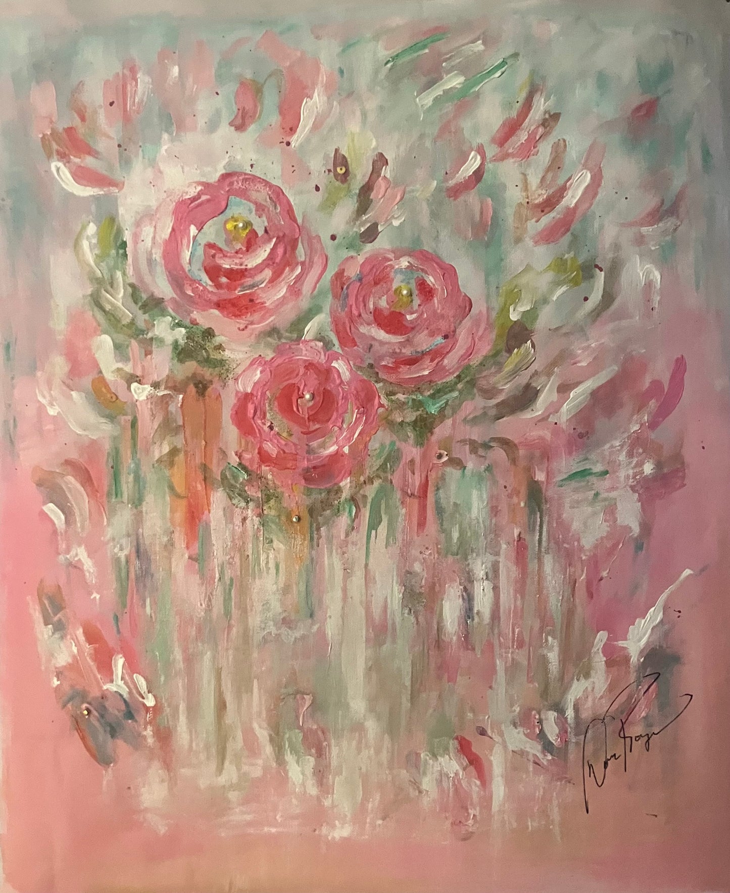 Medium Original Embellished Pink Rose Abstract