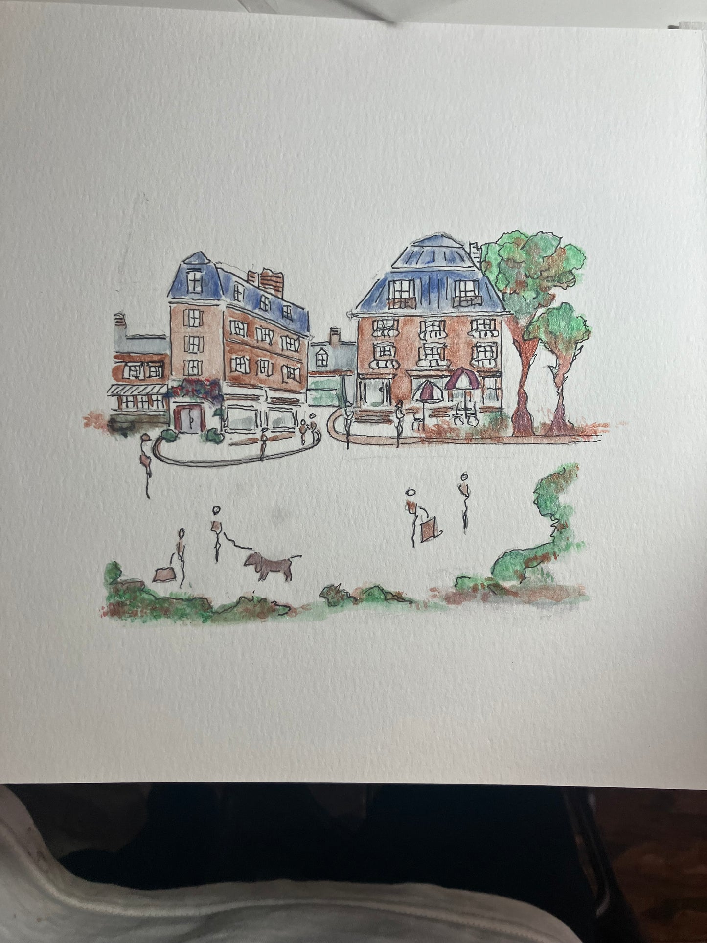 Metallic Watercolor & Pen Original “French afternoon” 8 .5 x 8 .5 inches