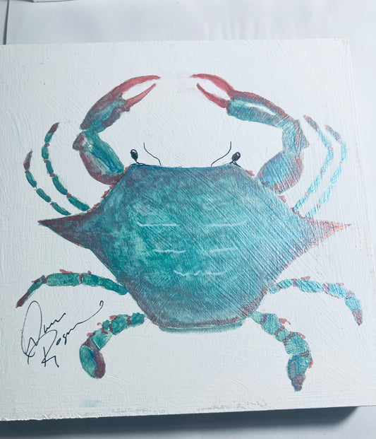 Blue Crab/Metallic watercolor 6 x 6 inches on wood box panel