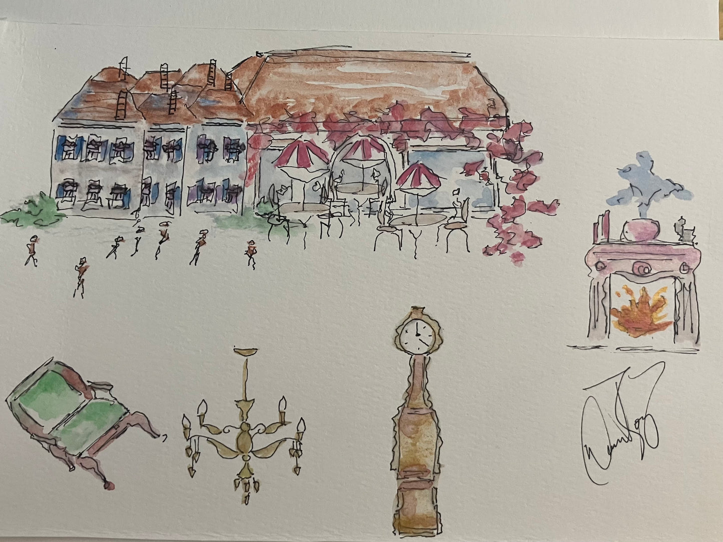 Metallic Watercolor & Pen Original “At the Cafe “ 9 x 6 inches