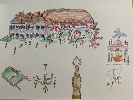 Metallic Watercolor & Pen Original “At the Cafe “ 9 x 6 inches
