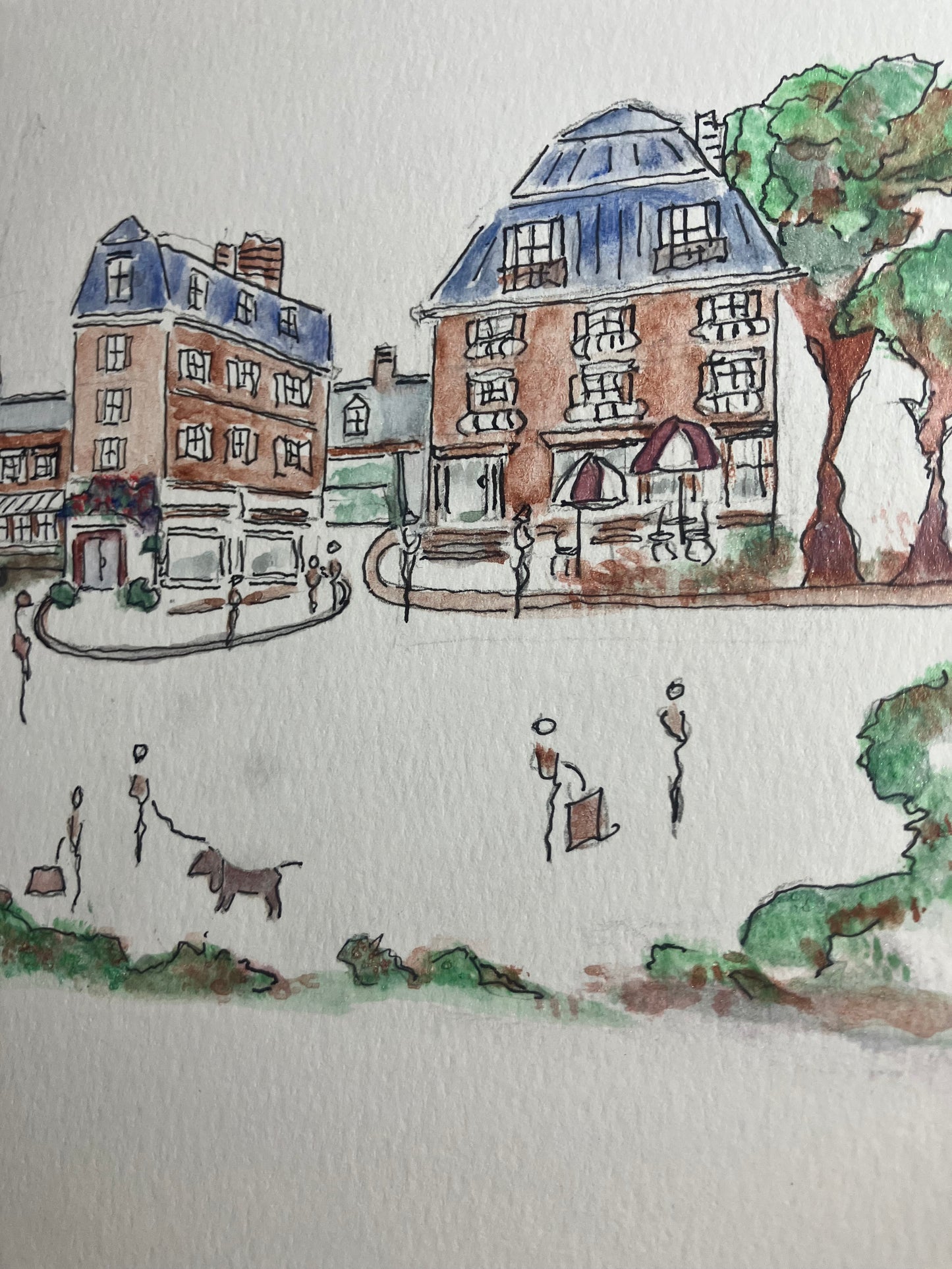 Metallic Watercolor & Pen Original “French afternoon” 8 .5 x 8 .5 inches