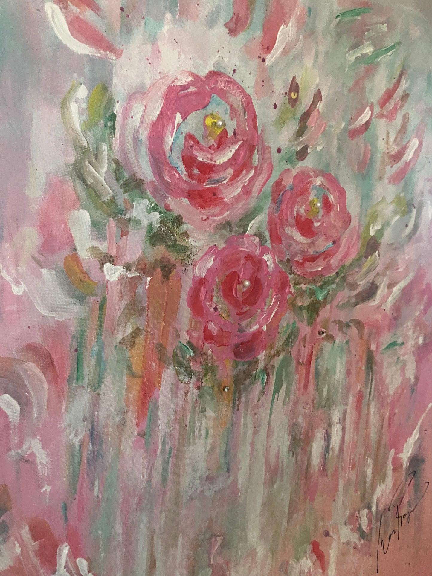 Medium Original Embellished Pink Rose Abstract