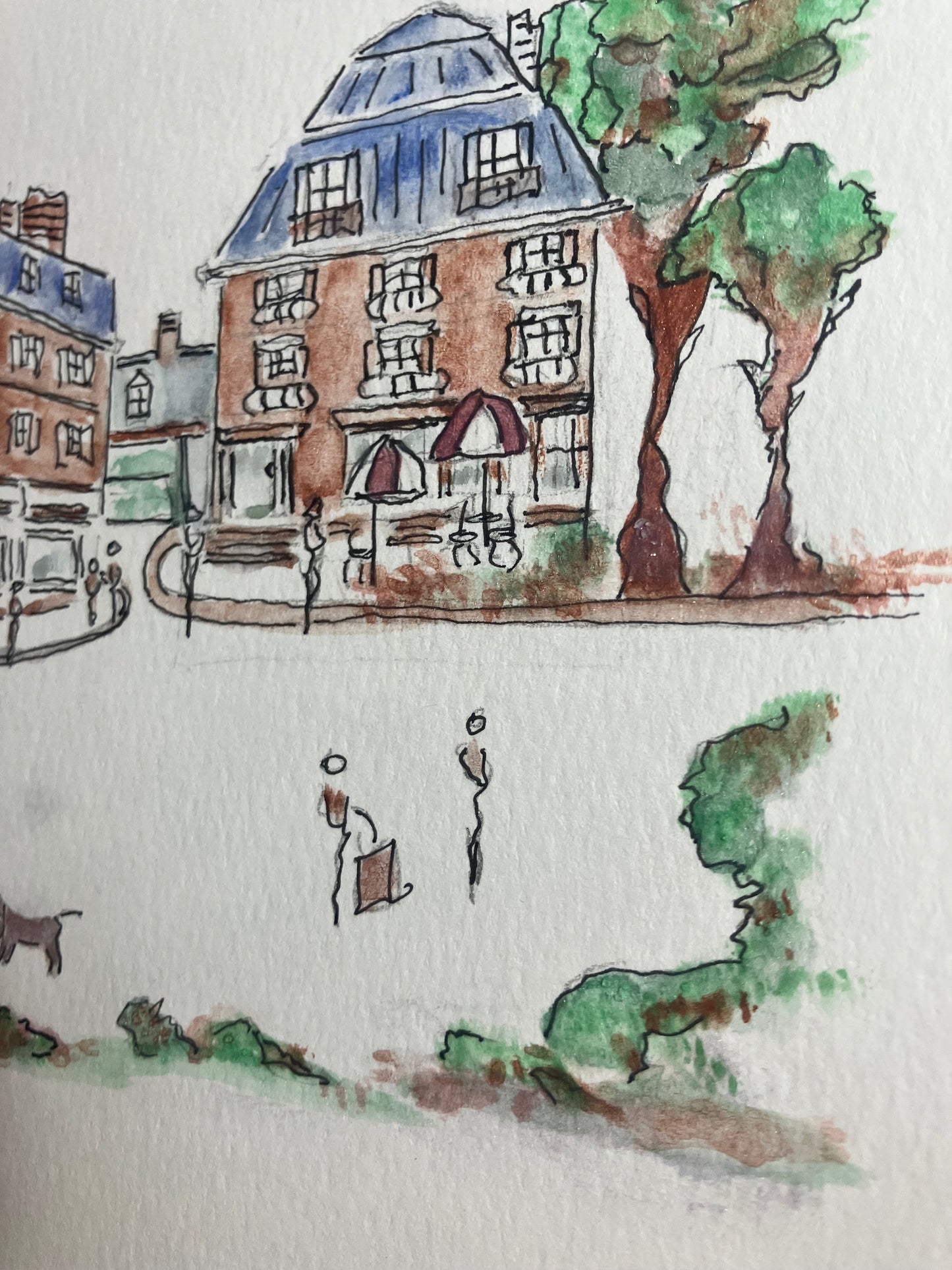 Metallic Watercolor & Pen Original “French afternoon” 8 .5 x 8 .5 inches